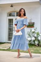 Vestido de manga corta fruncido con cuello cuadrado y espalda descubierta a la moda para mujer - details 22