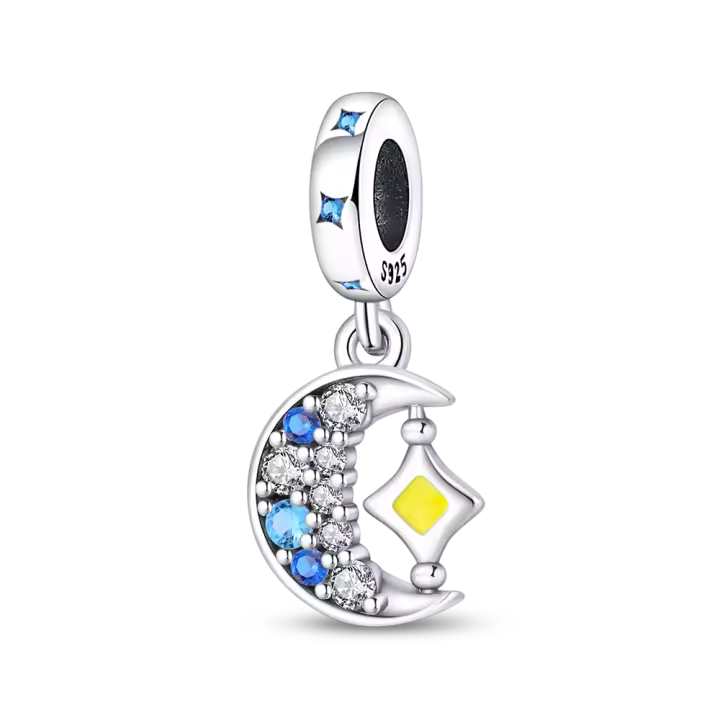 Cuentas de Colgante de Luna y Estrella de Zirconio Azul de Plata Esterlina 925 Apto para Joyería Original de Pulsera de Plata 925 - 1