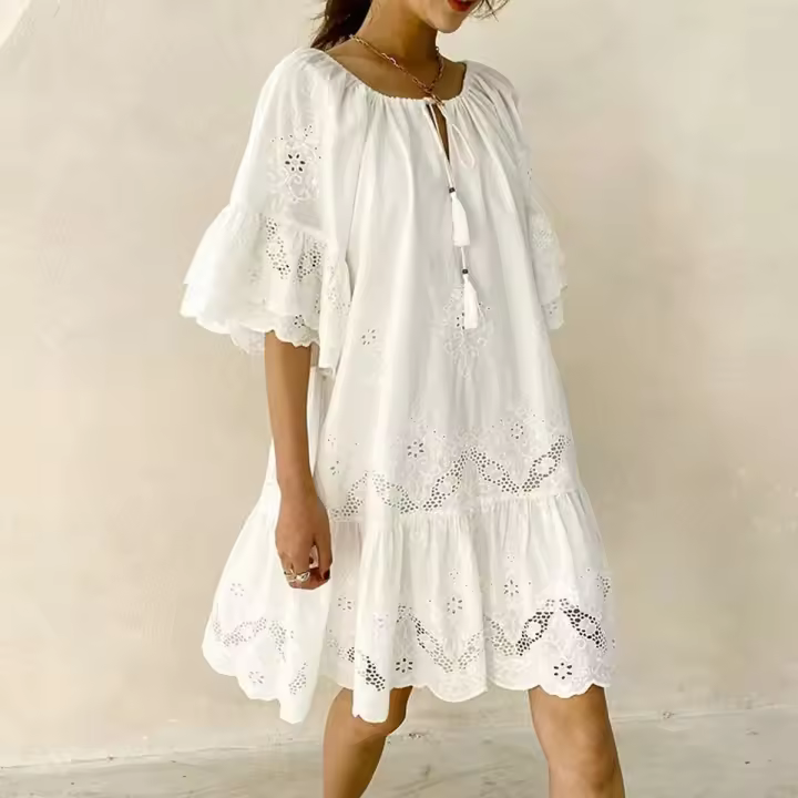 Primavera Verano Corto Color Sólido Algodón Suelto Cintura Jersey Vestido Estilo Vacaciones - 1