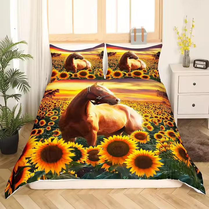 Funda de edredón Funda de edredón de caballo Juego de cama de animales para niños Adolescentes Vaquero occidental Paisaje de puesta de sol Doble Queen King Size Funda de edredón de poliéster - 1