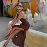 Para Praia Kintted cubrir Vestido de playa Sexy Maxi hendidura ceñido al cuerpo vestido de verano Bikinis encubrimientos elegante vestido de playa Halter - details 14