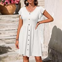 Nuevo vestido de manga corta elástico con cintura con botones y cuello en V para mujer - details 13