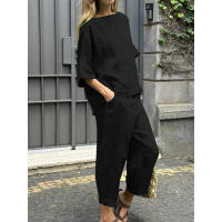 Conjunto de verano de 2 piezas para mujer, talla grande, camisa de lino y algodón, traje con pantalones largos holgados a la cintura - details 6