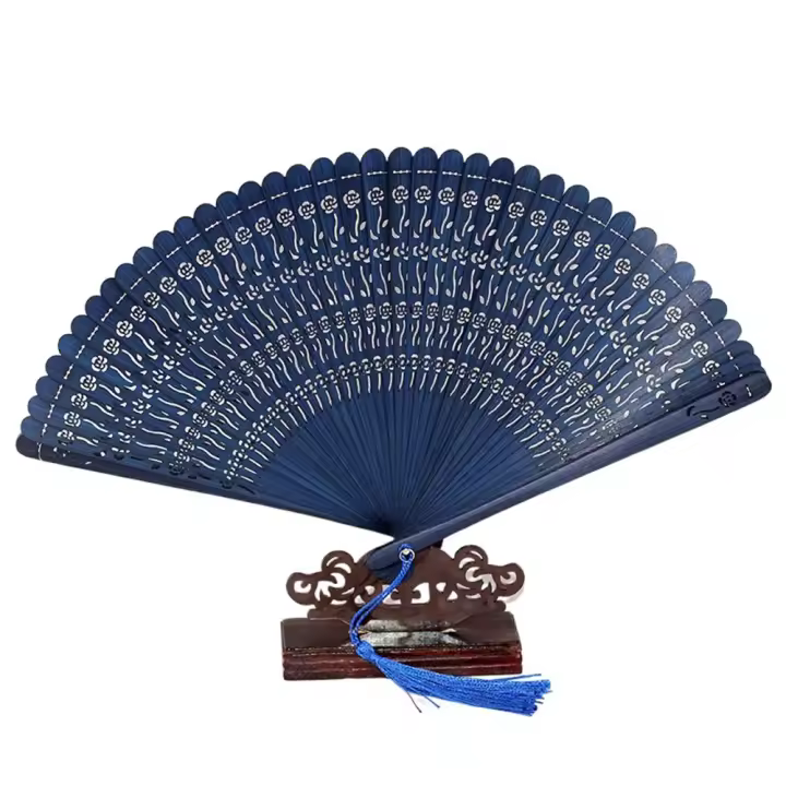 Abanico plegable de bambú de estilo chino Vintage, tallado multicolor, danza Han Fu con borla, abanico de baile hecho a mano para el hogar - 1