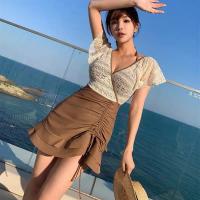 Moda Coreana Vestido de Una Pieza Estilo Doble Combinación de Colores, Escote en V Profundo, Triángulo Cubierto, Traje de Baño Adelgazante - details 3