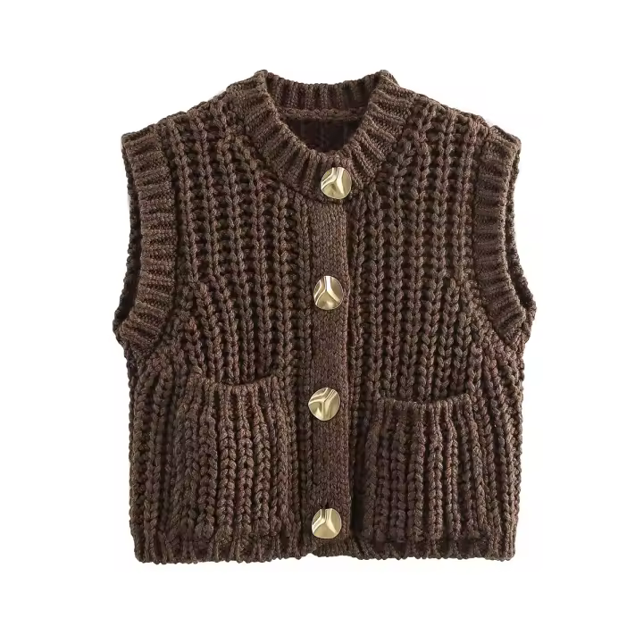 TRAFZA-suéter sin mangas con cuello redondo para mujer, cárdigans holgados e informales de una sola botonadura, color liso, a la moda, otoño, 2024 - 1