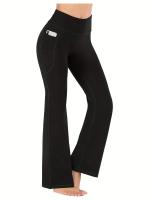Pantalones acampanados con bolsillos para mujer, pantalones de yoga con pierna acampanada, pantalones informales de cintura alta para fitness y barriga - details 1