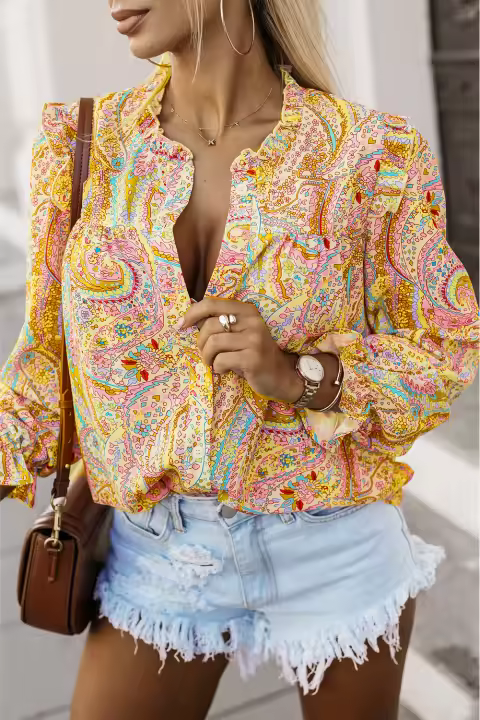 Elrachen Camisa con estampado de cachemir y ribete de volantes estilo bohemio para mujer, amarillo, tallas S-2XL - 1
