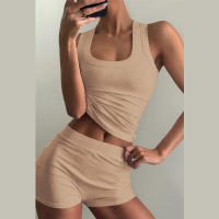 BUNO-chándales informales para Mujer, conjunto de 2 piezas, chalecos cortos elásticos con cuello en U y pantalones cortos acanalados, ropa deportiva concisa para gimnasio - details 28