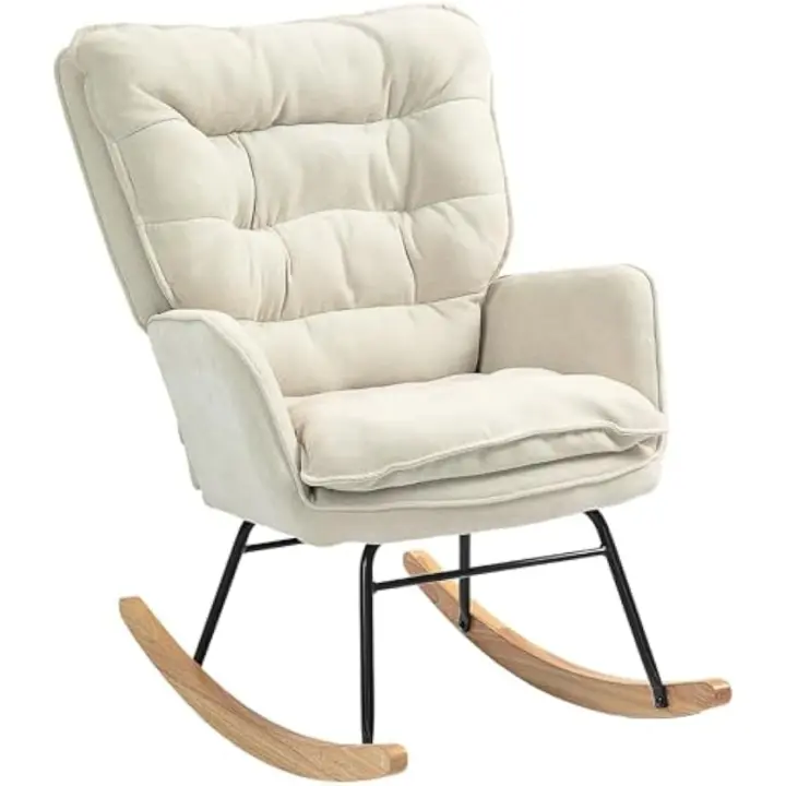 Mecedora tapizada en silla mecedora con patas de madera de haya y reposabrazos mecedora para lactancia carga 120 kg para dormitorio salón beige - 1