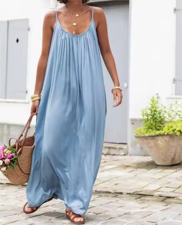 Novedad de verano, ropa informal holgada para mujer, vestido con tirantes de color liso, sevess, moda y elegante de fabricación china - 1