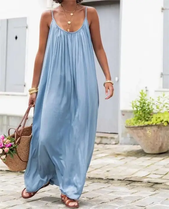 Novedad de verano, ropa informal holgada para mujer, vestido con tirantes de color liso, sevess, moda y elegante de fabricación china - 1