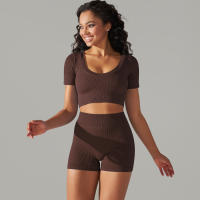 Hamidou-Conjunto de ropa deportiva sin costuras para mujer, Leggings de cintura alta, camisetas de manga corta, pantalones cortos, conjunto de 2 piezas, ropa de gimnasio - details 10