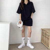 Traje deportivo de mujer con cremallera de color sólido, verano 2025, nuevo, holgado, delgado, top y pantalones cortos casuales de dos piezas. - details 4