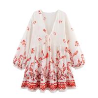PB & ZA2025summer nueva moda femenina versátil estampado de manga larga con cuello en V vestido sencillo suelto Falda corta - details 1