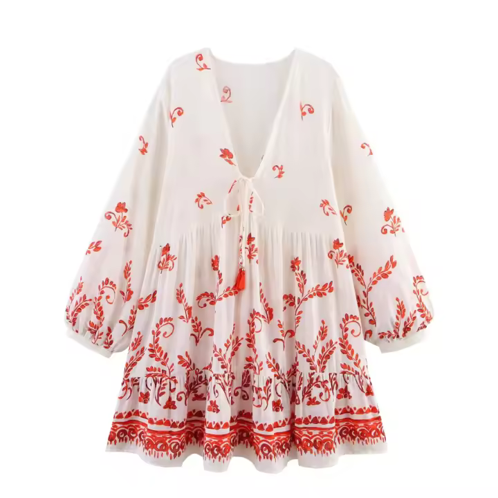 Vestido de verano 2025, nuevo, versátil, de moda para mujer, estampado, manga larga, cuello en V, sencillo, holgado, con falda corta. - 1