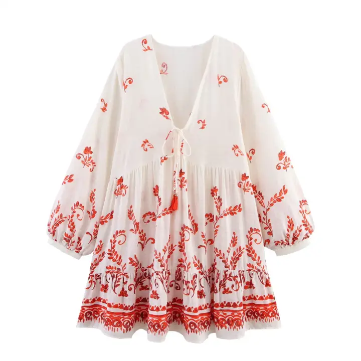Vestido de verano 2025, nuevo, versátil, de moda para mujer, estampado, manga larga, cuello en V, sencillo, holgado, con falda corta. - 1