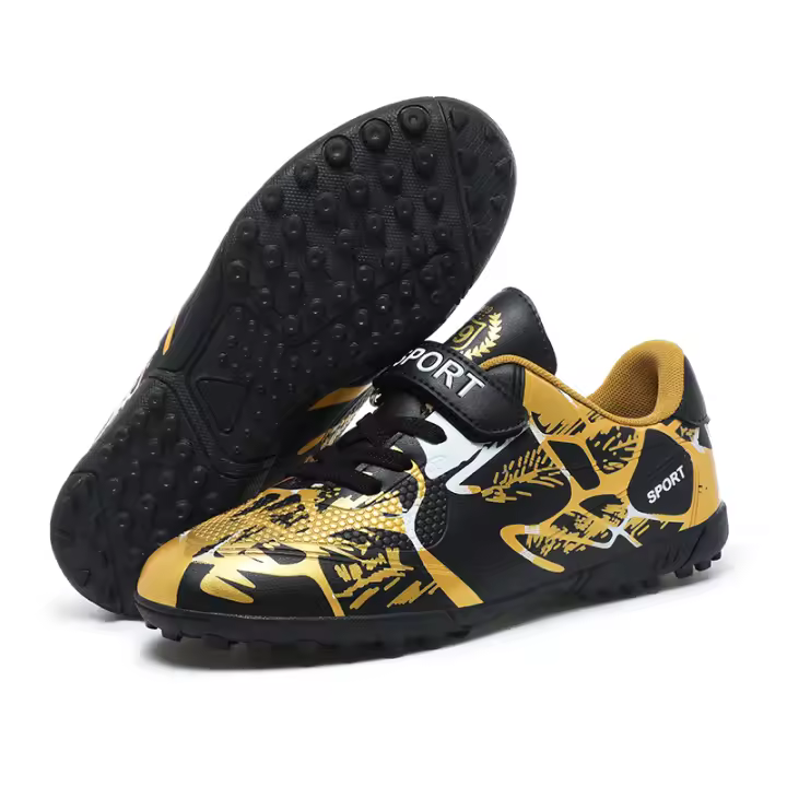Zapatos de tacos de fútbol para niños y niñas, calzado atlético para exteriores, interiores, suelo firme, dorado - 1