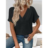 Tops Vintage de moda de Color sólido con cuello en V para mujer, ropa Popular coreana, camiseta holgada de manga corta de verano para mujer - details 22