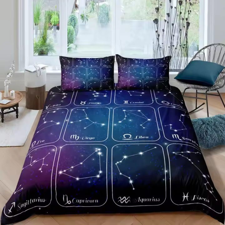 Juego de Funda de Edredón de Constelación Dorada Cubierta de Cama de Tamaño Reina con Patrón de Cielo Estrellado - 1