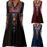 Vestidos Vintage para mujer, vestido Midi de moda con manga de siete cuartos y bolsillo con cuello en V y estampado bohemio para mujer - details 5