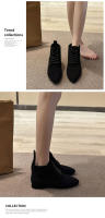 Botas de mujer Otoño e Invierno botas cortas de estilo británico Color sólido gamuza puntiagudas con cordones tacón grueso botas de gran tamaño - details 1