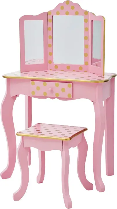 Mesa de tocador rosa de madera con espejo y taburete TD-11670L - 1