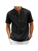 Camisa De Algodón Y Lino Para Hombre Estilo Casual Vintage Con Bolsillo Y Cuello Henley Camiseta De Color Sólido Para Playa Y Calle - details 2