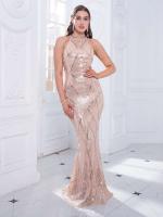 Vestido de noche de fiesta con lentejuelas elásticas y cuello redondo, sin tirantes, dorado - details 1
