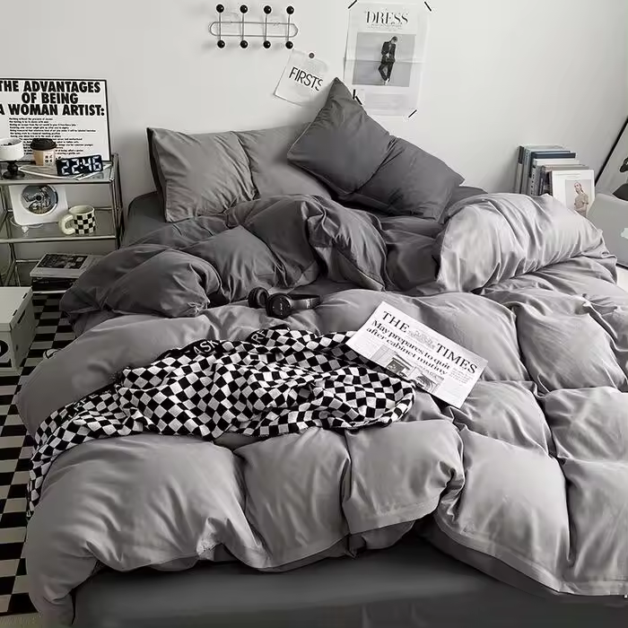 Juego de cama de cuatro piezas de Color sólido lavado, sábanas de algodón cepillado Simple, funda de edredón, juego de tres piezas para dormitorio - 1
