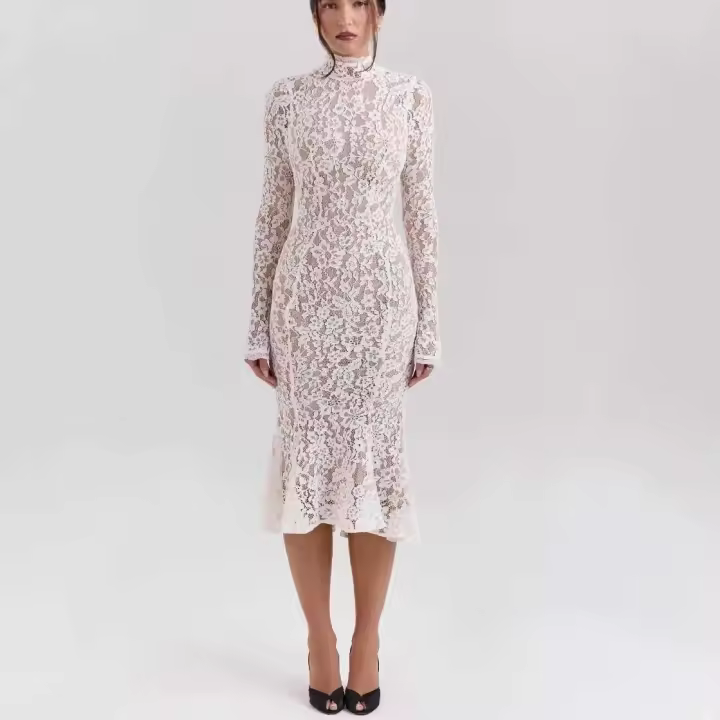 Elegante Vestido de Cautiva con Encaje de Manga Larga Estilo Bodcon Sin Acolchado para Mujeres - 1
