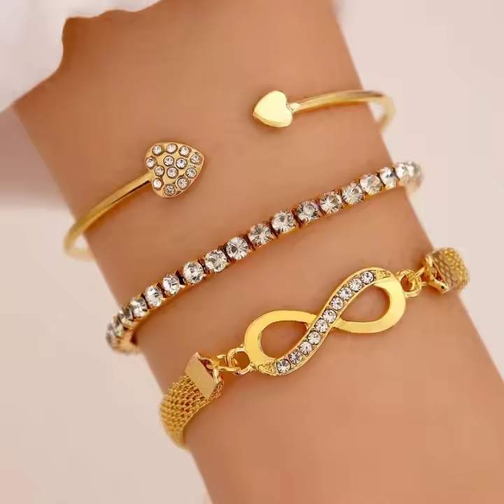 Conjunto Vintage de pulseras de corazón con diamantes de imitación de cristal de Color plateado para mujer, brazalete infinito ajustable geométrico a la moda, joyería - 1