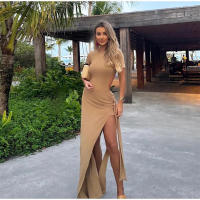 Vestido Midi con abertura en la cintura para mujer, traje Sexy de manga corta con cuello redondo, color liso, para vacaciones - details 1