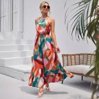 Novedad de verano, falda para mujer, vestido largo estampado con vuelo grande sin mangas y cuello colgante - details 6
