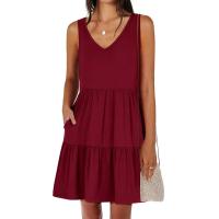 Vestido casual de verano para mujer, sin mangas, con cuello en V, camiseta, vestido de verano, mini vestidos de vacaciones en la playa - details 1