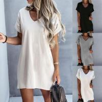 Nuevo vestido holgado de manga corta con cuello en V de color liso - details 1