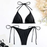 Bikini de mujer marrón sexy, camisola roja lisa, lazo lateral de sujetador reforzado, traje de baño triangular, cordones de verano, 2025 - details 7