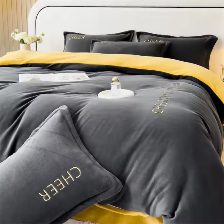 Funda de edredón de terciopelo de cristal cálido, bordado sólido, juego de cama de lujo para pareja, tamaño queen y king, Invierno - 1