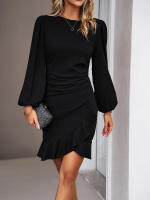 Vestido corto elegante para mujer, prenda informal con volantes, manga abullonada, color negro, sencillo e Irregular, novedad de otoño, 2023 - details 2