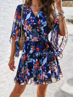 Vestido de primavera y verano para mujer, Media manga, estampado de flores, elegante cuello en V, informal, línea A, hasta la rodilla, cintura alta - details 16