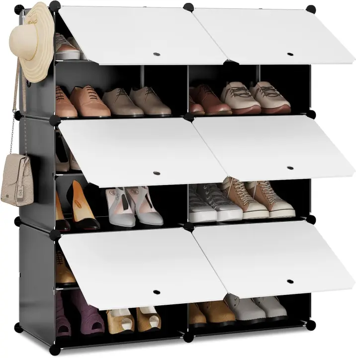 Zapatero de Plástico Blanco Organizador de Zapatos de Panel Modular con 8 Compartimentos para 32 Zapatos Con Puertas y Ganchos - 1