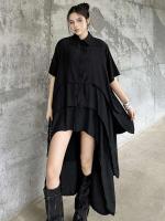 EAM mujeres negro capas espalda talla grande vestido camisero largo solapa nueva manga corta moda Primavera Verano 2025 1DH6073 - details 2
