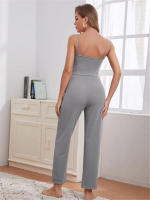 Conjunto de pijama de tres piezas para mujer, artículos para el hogar, top con tirantes de punto de oblea, pantalones largos, t, 2024 - details 10