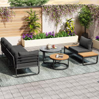 Conjunto de muebles de jardín (4-5 asientos), 2 mesas de centro apilables, estructura de hierro galvanizado, cómodos muebles de jardín, cojines de asiento grises y almohadas incluidos, con patas regulables - details 2