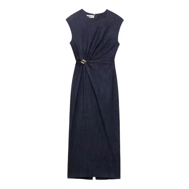 OUWU- Vestidos Midi Plisados De Mezclilla Para Mujer, Vestidos Largos Sin Mangas Con Cuello Redondo A La Moda, Vestido De Fiesta Elegante Vintage Para Mujer - 1