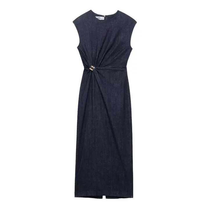 - Moda femenina de mezclilla plisada sin mangas larga con cuello redondo, elegantes vestidos de fiesta para mujer - 1