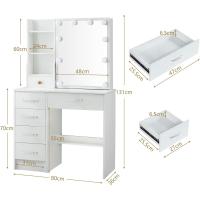 Tocador De Maquillaje con Espejo y 10 Bombillas Led Luz Regulable, Tocador Blanco con Brillo Ajustable, Tocador De Dormitorio con Taburete 6 Cajones, 3 Estantes y 3 Estantes Ocultos - details 11