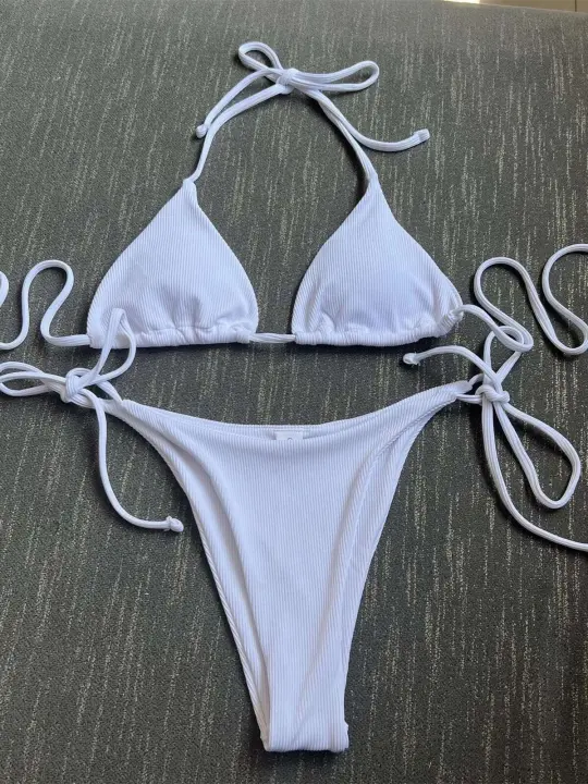 Bikini de mujer marrón sexy, camisola roja lisa, lazo lateral de sujetador reforzado, traje de baño triangular, cordones de verano, 2025 - 1