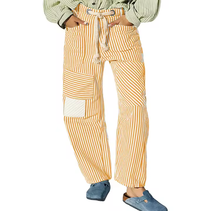 Pantalones a rayas para mujer, pantalones de pierna ancha con cordón de cintura elástica, pantalones sueltos con bolsillos, ropa de calle Vintage - 1