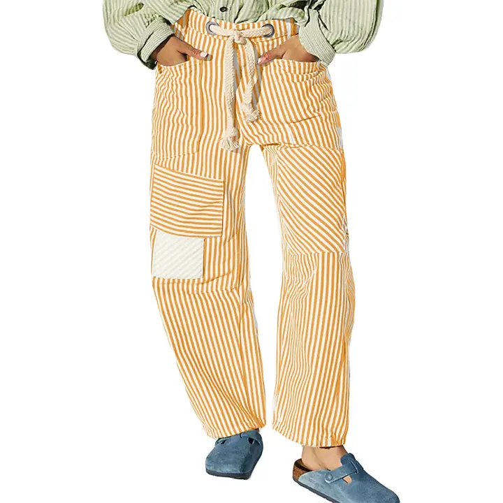 Pantalones a rayas para mujer, pantalones de pierna ancha con cordón de cintura elástica, pantalones sueltos con bolsillos, ropa de calle Vintage - 1